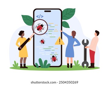 Debugging software and mobile application, malware, bug search and find online. Tiny people look with magnifying glass for insects on smartphone screen with program code cartoon vector illustration