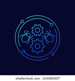 Debugging and testing line icon with bugs, vector
