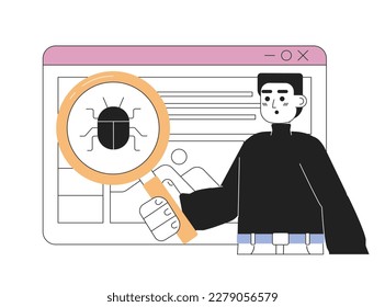 Debugging web application line concept vector spot illustration. Editable 2D flat cartoon character on white for web design. Software developer testing creative lineart idea for website, mobile, blog