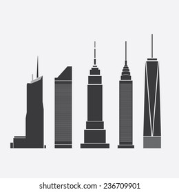 Dec 09, 2014: Collection of Icons of Five Famous Skyscrapers: Bank of America Tower, Citigroup Center, Empire State Building, Chrysler Building, One World Trade Center - For Editorial Use Only