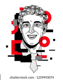 Dec. 17, 2018: Mark Zuckerberg. Vector illustration hand drawn. Glitch.