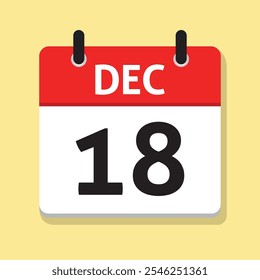 18 de diciembre. Diciembre 18. Calendario diario en Vector de diseño plano. Ilustración del día. Concepto de tiempo. Icono de fecha. Mes.