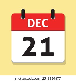 21 de diciembre. 21 de diciembre. Calendario diario en Vector de diseño plano. Concepto de tiempo. Icono de fecha. Mes. Ilustración del día.