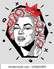 Dec. 6, 2018: Marilyn Monroe. Vector Illustration Hand Drawn. Crazy Portrait.