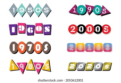 Decade Banners and Labels for the 1950s, 1960s, 1970s, 1980s, 1990s, 2000s, 2010s, and  2020s | Illustrated Year Headers | History of Graphic Design Infographic | Era Clipart | 20th Century Resources