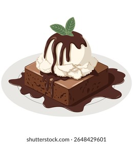 brownie de chocolate decadente com sorvete de baunilha ilustração vetor isolada no fundo branco