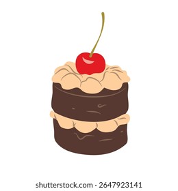 Um bolo de chocolate decadente é adornado com cerejas e bonecos de chantilly nesta ilustração doce Perfeito para design de menu e convites para festas.