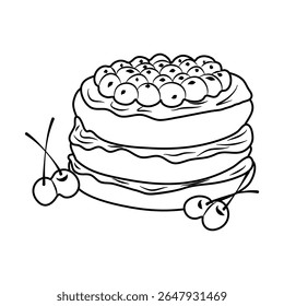 Um bolo de chocolate decadente é adornado com cerejas e bonecos de chantilly nesta ilustração doce Perfeito para design de menu e convites para festas.