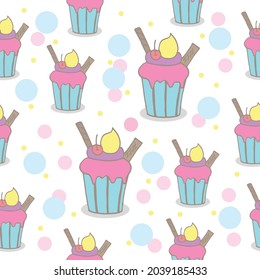 Decadent Cupcake Delight: Elevate your designs with this sweet cupcake illustration. Featuring chocolate wafer, rolls, and cherry fruit toppings on a white background, it's a delightful visual treat