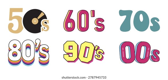 Decades vector graphics featuring distinct typography and design elements for each era from 1950s to 2000s