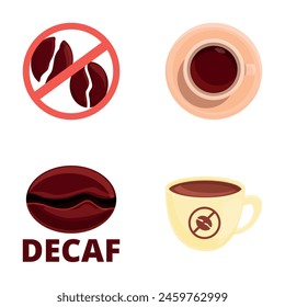 Decaf icons set cartoon vector. Cup of hot decaf coffee. Decaffeinated drink