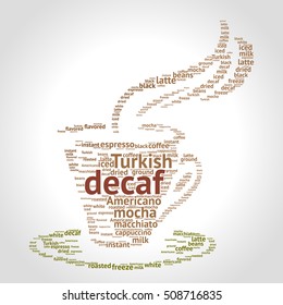 Decaf word cloud concept in shape of cup on gradient background. Vector illustration.