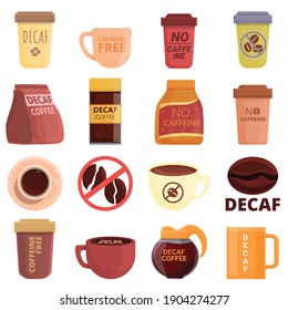 Set für entkoffeinierte Kaffeesymbole. Cartoon-Set entkoffeinierter Kaffee-Vektorsymbole für Webdesign