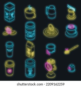 Decaffeinated coffee icons set. Isometric set of decaffeinated coffee vector icons neon color on black