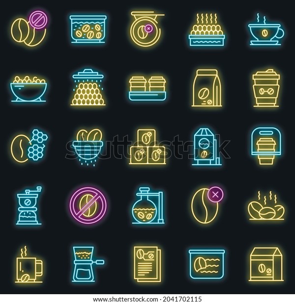 Decaffeinated coffee icons set.\
Outline set of decaffeinated coffee vector icons neon color on\
black