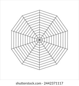 Diagrama de decágono dividido en segmentos iguales. Gráfico de estadísticas o análisis, gráfico de radar o de araña, rueda de la vida o plantilla de seguimiento de hábitos aislado en fondo blanco. Ilustración gráfica vectorial.