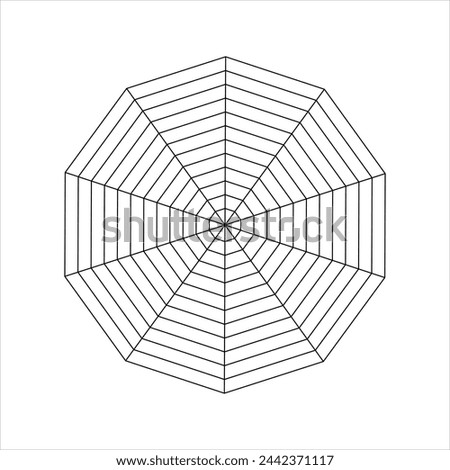 Decagon diagram divided on equal segments. Statistics or analytics graph, radar or spider chart, wheel of life or habits tracker template isolated on white background. Vector graphic illustration.