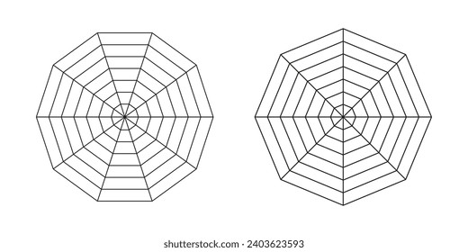 Decagon, octagon graphs. Set of radar spider templates. Spider mesh. Flat web diagrams for statistic, analytics. Blank radar charts. Vector graphics illustration.