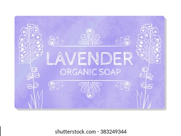 Decal design hand organic soap with lavender isolated on white background. Label in hand drawn style. Vector illustration
