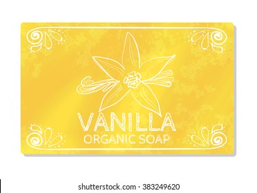 Decal design hand organic soap with vanilla isolated on white background. Label in hand drawn style. Vector illustration