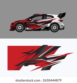 decal design for racing car wrap. Featuring sharp red, black, and gray elements with modern aggressive styling.