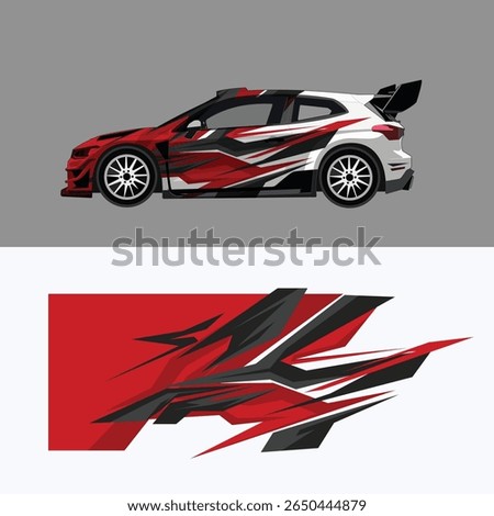 decal design for racing car wrap. Featuring sharp red, black, and gray elements with modern aggressive styling.