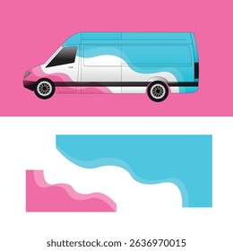 
decal livery design for wrapping the body of a cargo van branding car. decal pink and blue soft