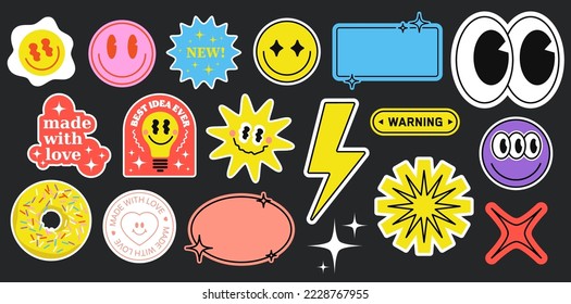 Decals stickers. Set of funny laptop stickers and labels in futuristic style.smiles, lightning, frames for inscriptions and others