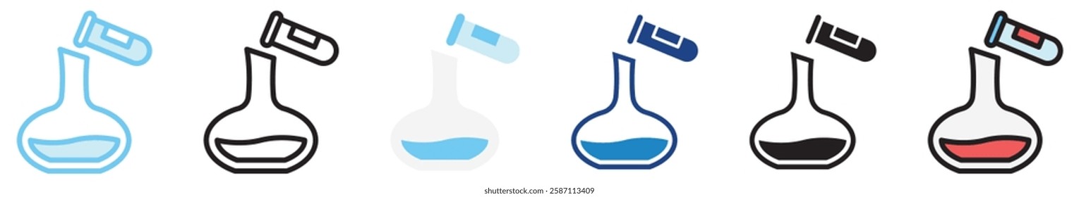 Decanter Flask multi style, mini illustration icon. outline, flat, glyph, line color, UI, UX, app and web, digital or print. For education, research, chemistry.