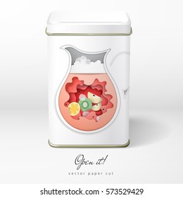 Decanter of juice. Paper cut design. Vector object. Square tin packaging. Tea, coffee, dry products. Open it 