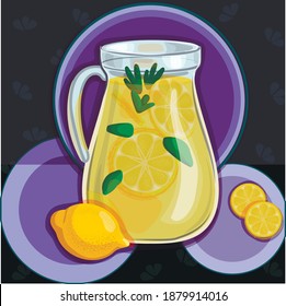 Decanter of lemonade and lemons. Digital illustration