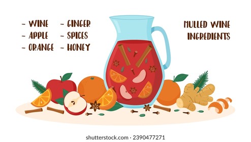 Decanter of mulled wine with orange, apple, ginger, anise and cinnamon sticks. Mulled wine ingredients.
