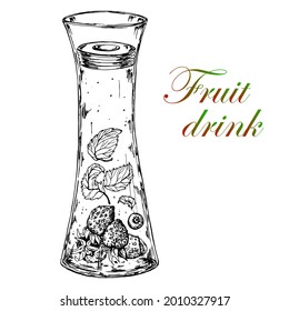 Decanter with water and fruit and mint leaves.Vector stock illustration.Hand drawn black white drawing. Sketch. Menus and decorations of bars and restaurants.