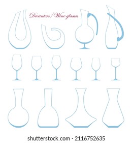 Decanters of various shapes and glasses for red wine on a white background. Vector illustration.