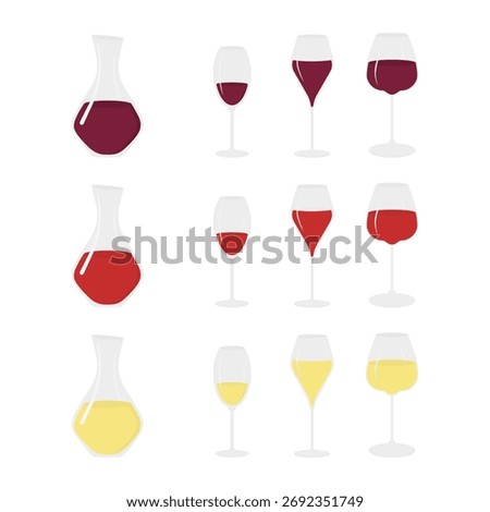 Decanters and Various Wine Glasses with Different Wines Types Wine Thematic Icon Minimal Flat Bundle