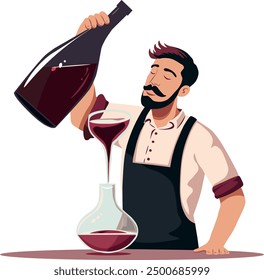 Decanting wine. Bartender pours wine from a bottle into a decanter, decanting drinks, service industry, restaurant business, glass vessel cartoon. Vector illustration