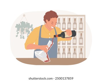 Decanting wine isolated cartoon vector illustrations. Bartender pouring the wine from bottle into a decanter, beverage decanting, service sector, horeca business, glass vessel vector cartoon.