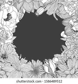 Decarative frame of different vector flowers. on dark background