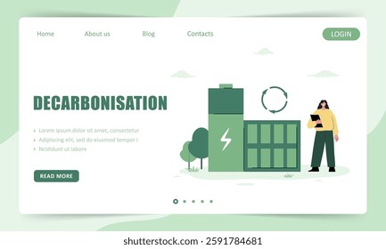 Decarbonisation. Landing page template. CO2 neutral. Net zero emissions and carbon dioxide balance. Eco industrial development concept. Green factory. Vector illustration in flat cartoon style.