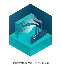 Decarbonization - carbon capture and storage - using fan and filter that separating atmosphere air into fresh air and pure CO2 mixed with water. Isometric vector illustration