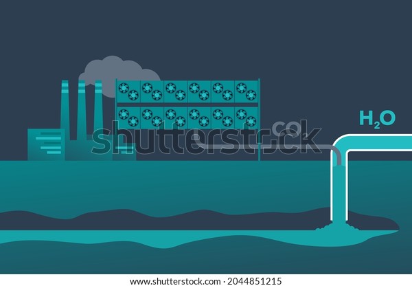 Decarbonization - carbon capture and storage\
- using fan and filter that separating atmosphere air into fresh\
air and pure CO2 mixed with water. Vector\
illustration