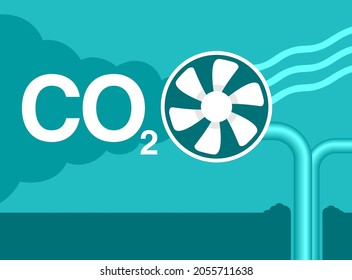 Decarbonization, Carbon Dioxide Capture And Storage - Using Fan And Filter That Separating Atmosphere Air Into Fresh Air And Pure CO2 Mixed With Water. Vector Illustration