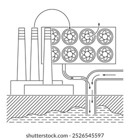 Descarbonización, captura y almacenamiento de dióxido de carbono, utilizando un ventilador y un Filtrar que separan el aire de la atmósfera en aire fresco y CO2 puro mezclado con agua. Esquema de Vector en línea delgada