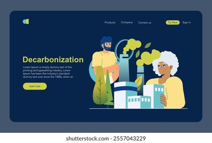 Decarbonization concept. Transition to green energy with industry transformation and eco-friendly technology. Clean environment initiative. Vector illustration.
