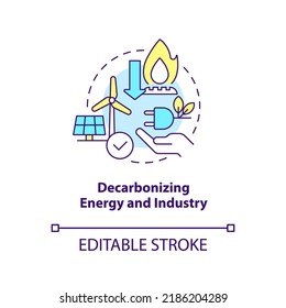 Decarbonizing energy and industry concept icon. Global net zero goal abstract idea thin line illustration. Isolated outline drawing. Editable stroke. Arial, Myriad Pro-Bold fonts used