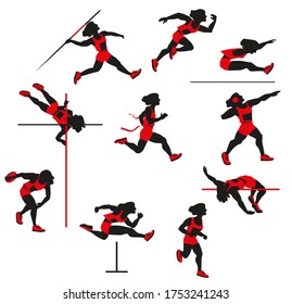 Decathlon women, silhouette, isolated on white background. Vector illustration, clip art, cartoon. Black and red.