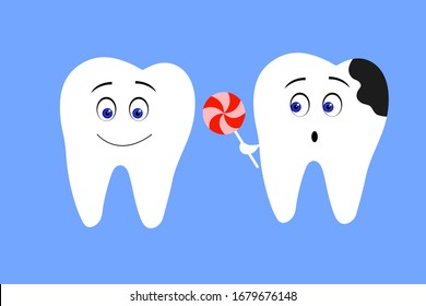 Decay and healthy teeth vector illustration. Cleaning and whitening teeth isolated on blue.