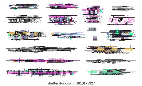 Decay signal. Glitch graphics, tv noise signal collection. Retro pixel television error, screen video damage. Grunge disintegration on display vector illustration