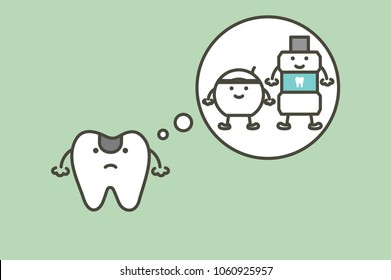 decay tooth thinking of mouthwash and floss, teeth caries - dental cartoon vector flat style cute character for design