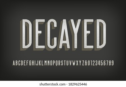 Decayed alphabet font. Scratched vintage letters and numbers. Vector typescript for your typography design.
